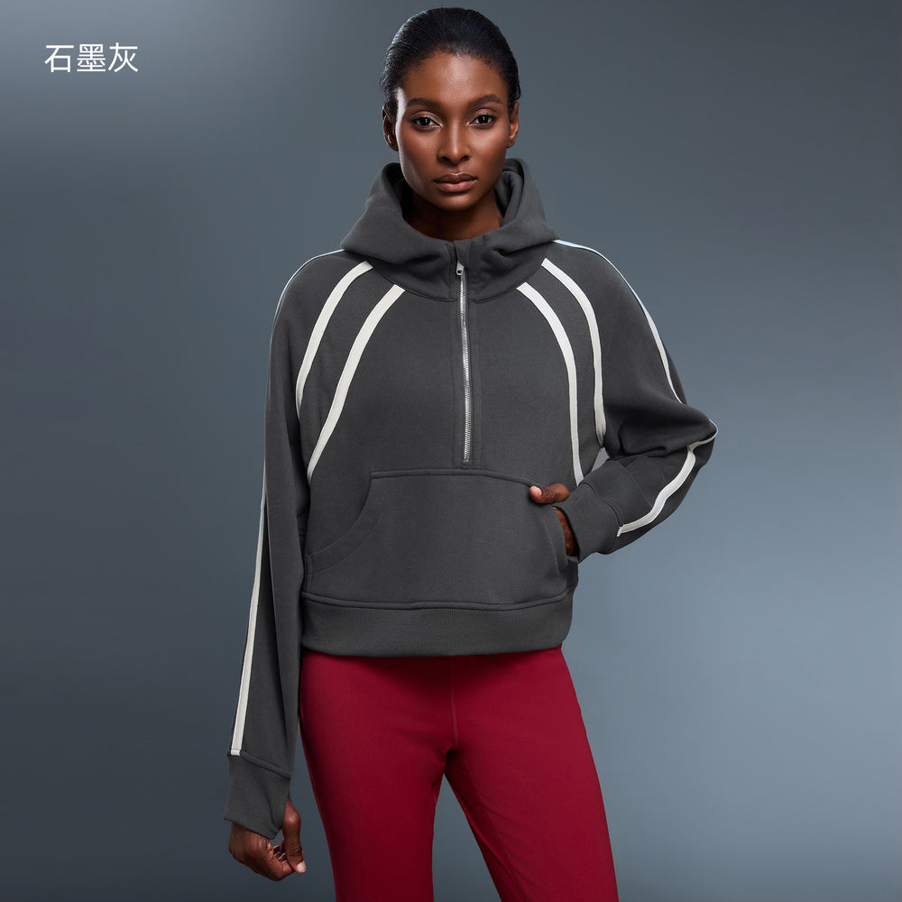 High collar half-zip hooded sweatshirt women's fleece-linedloosecontrast color sports topseasiest for matchcasualoutweard25159