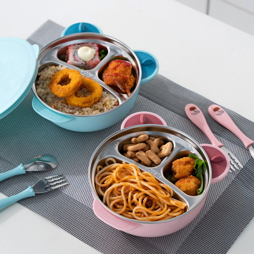 Wholesale stainless steel kids' meal set: baby suction plate, insulated water-filled bowl, divided plate, and weaning food utensil set