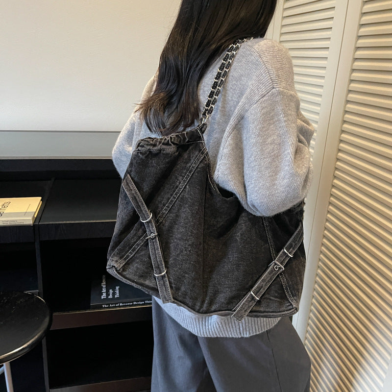 Autumn new arrival: large capacity denim tote bag - british style student school bag, shoulder bag, niche trendy handbag