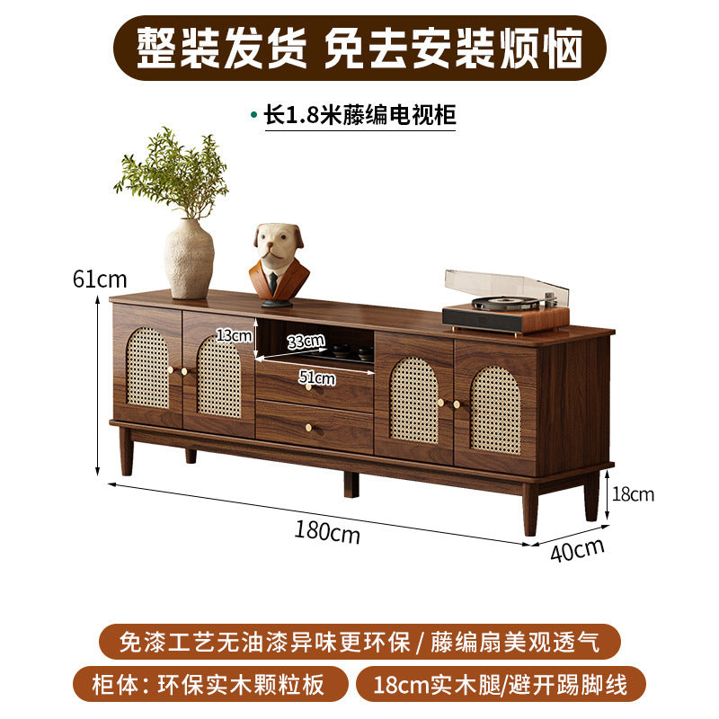 Retro rattan solid wood frame TV cabinet household coffee table combination small apartment living room storage locker integrated new model