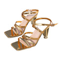 Women's gold heeled sandals - unique heel design, fashionable square toe, buckle closure, minimalist high heels