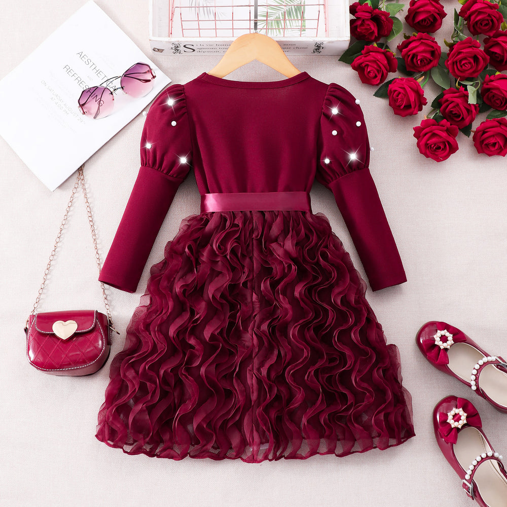 Girls' dress for toddlers and young children, pearl sleeve with 3d rose appliqué