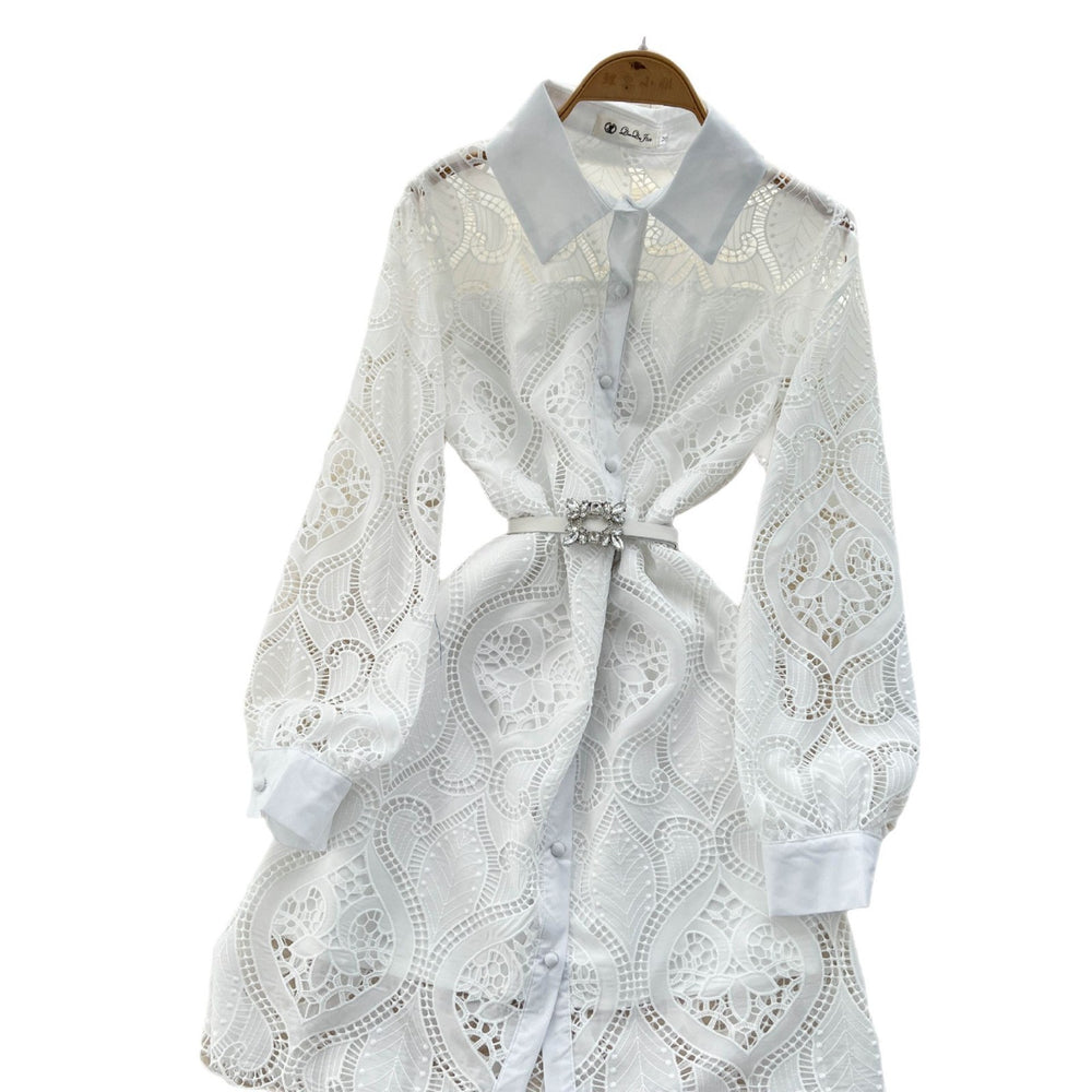 French chic chanel-inspired embroidered hollow-out crochet waist-cinching single-breasted dress - new elegant women's collection