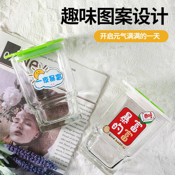 Internet celebrities ins wind square bamboo cup Zixia simple straw glass fun pattern rich water cup coffee cup