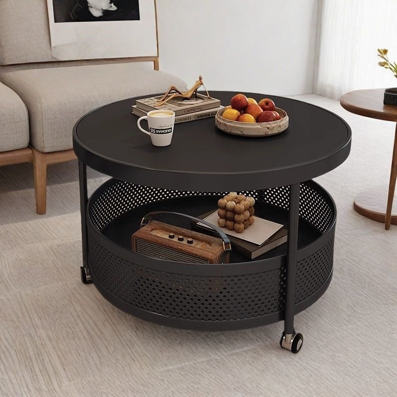 Cream style double-layer coffee table slate coffee table accessible luxury living room small apartment for home wheeled movable round table coffee table