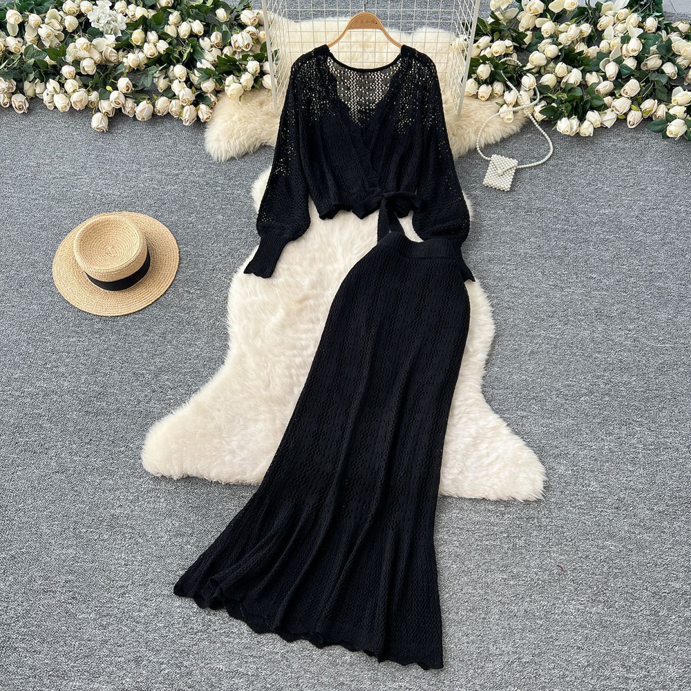 Gentle style outfit for women  spring classy sense of style strap waist cut outknittingtops + high waist hip skirt