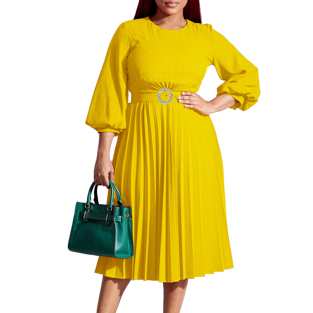 C8553 cross-border  women's fashion  autumn new arrival solid color pleated loose fitted waist round neck african dress