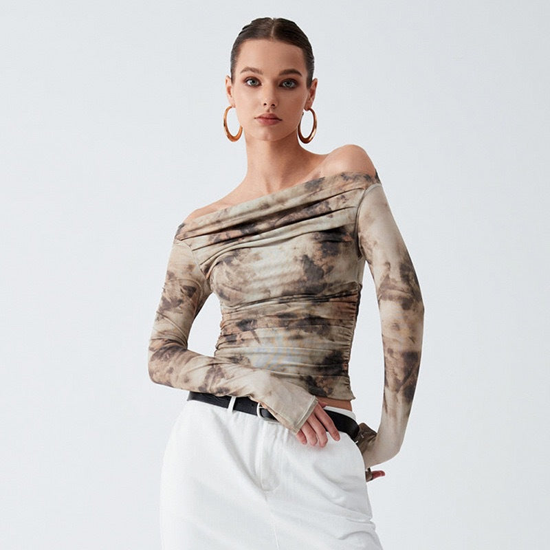 European and american style retro 3d printed sexy off-the-shoulder pleated crop top slim-fit t-shirt for women, new spring  collection