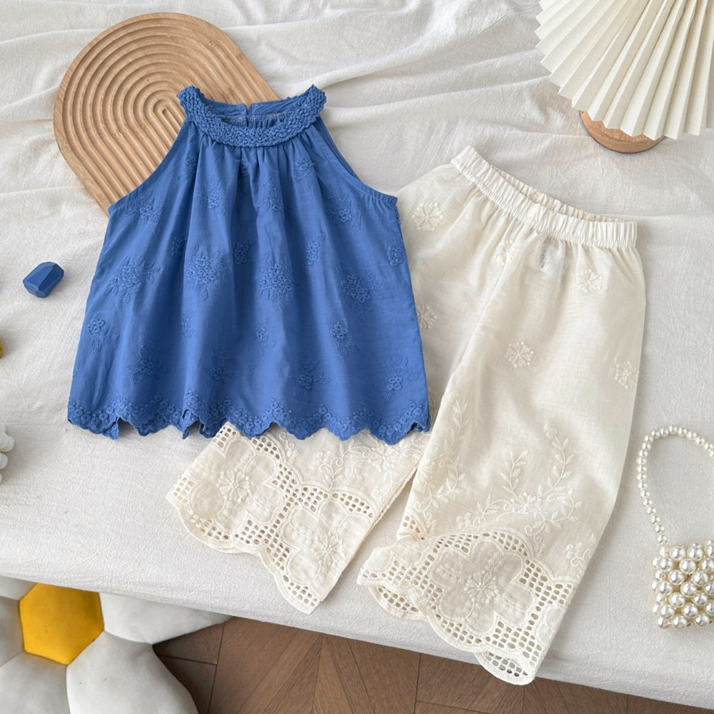 Girls' stylish summer outfit: trendy top and korean-style lace pants two-piece set for baby girls - cross-border children's clothing