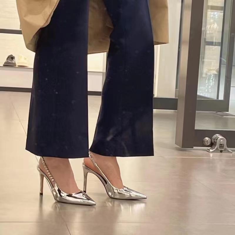 Pointed-toe french sandals, 2025 new summer collection, silver rhinestone high heels, women's stiletto heels, perfect with dresses, mature and chic style