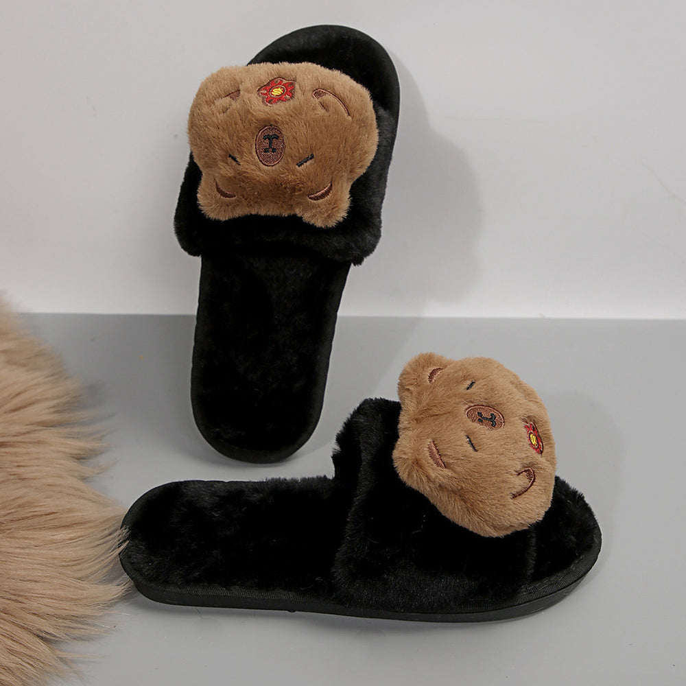 Slippers cotton slippers women's capibala bouquet winter fur slippers indoor and outdoor home large size one word heattech cotton slippers
