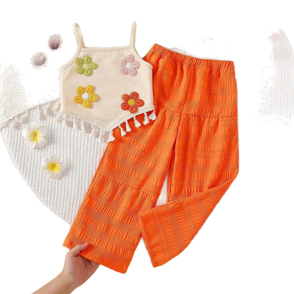 Girls' 3d floral tassel suspender ruched wide-leg pants two-piece set - summer kids' country chic casual outfit