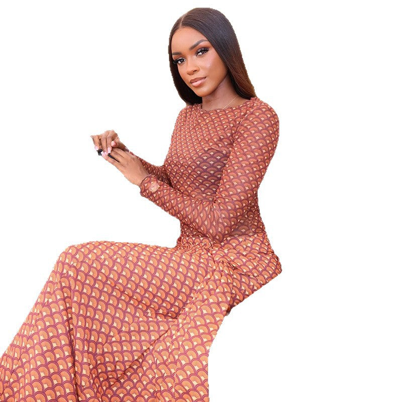 European and american style ins cross-border chic women's pleated tie-strap printed a-line dress - round neck, long sleeve, casual vacation dress