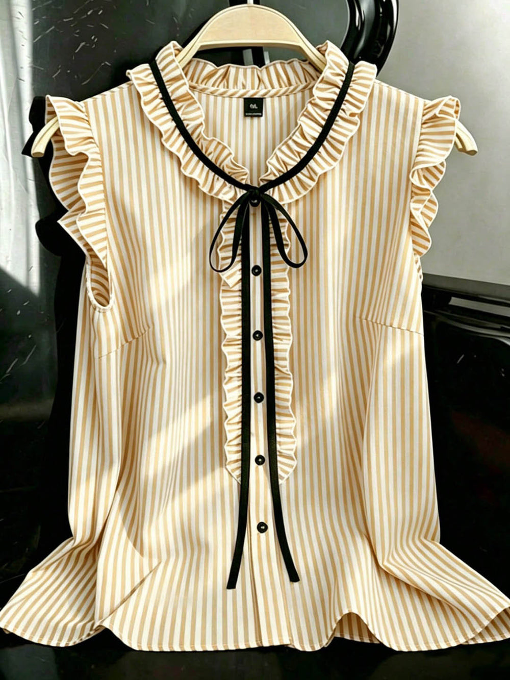 Export gentle wind stripesplus size shirt lotus leaf flying sleeves v neck black ribbon bowsslimming look sleeveless tops