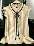 Export gentle wind stripesplus size shirt lotus leaf flying sleeves v neck black ribbon bowsslimming look sleeveless tops