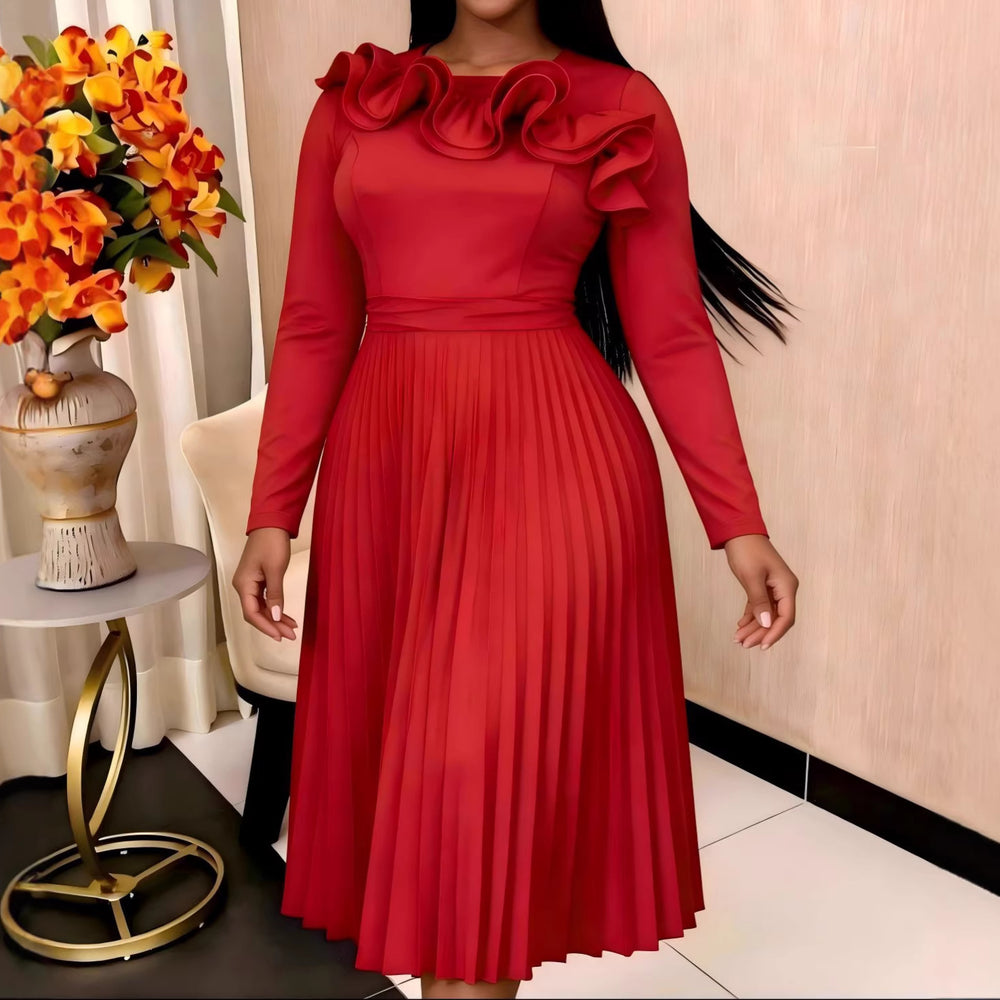 New plus size solid color midi pleated skirt ruffle collar long sleeve round neck elegant dress