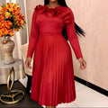 New plus size solid color midi pleated skirt ruffle collar long sleeve round neck elegant dress
