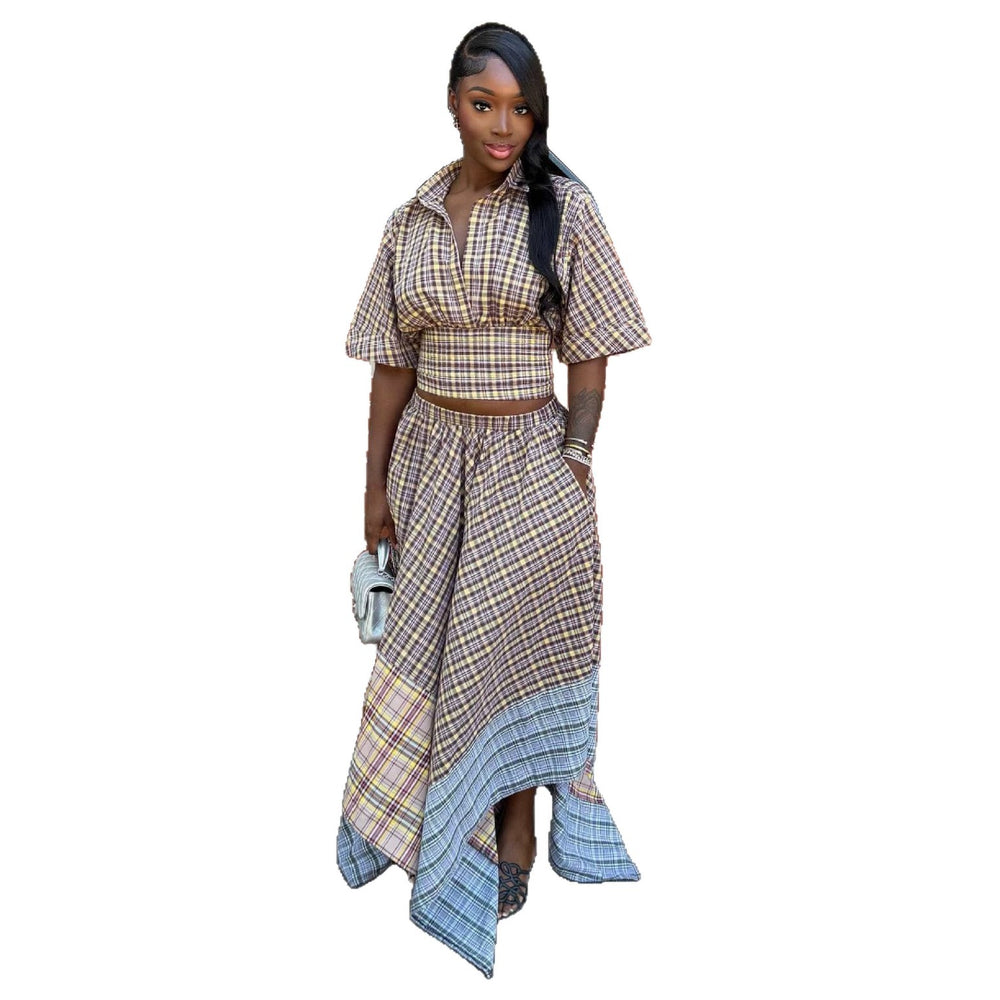 European and american cross-border women's fashion:  summer new collection - stylish turn-down collar plaid cropped shirt and asymmetrical midi skirt set