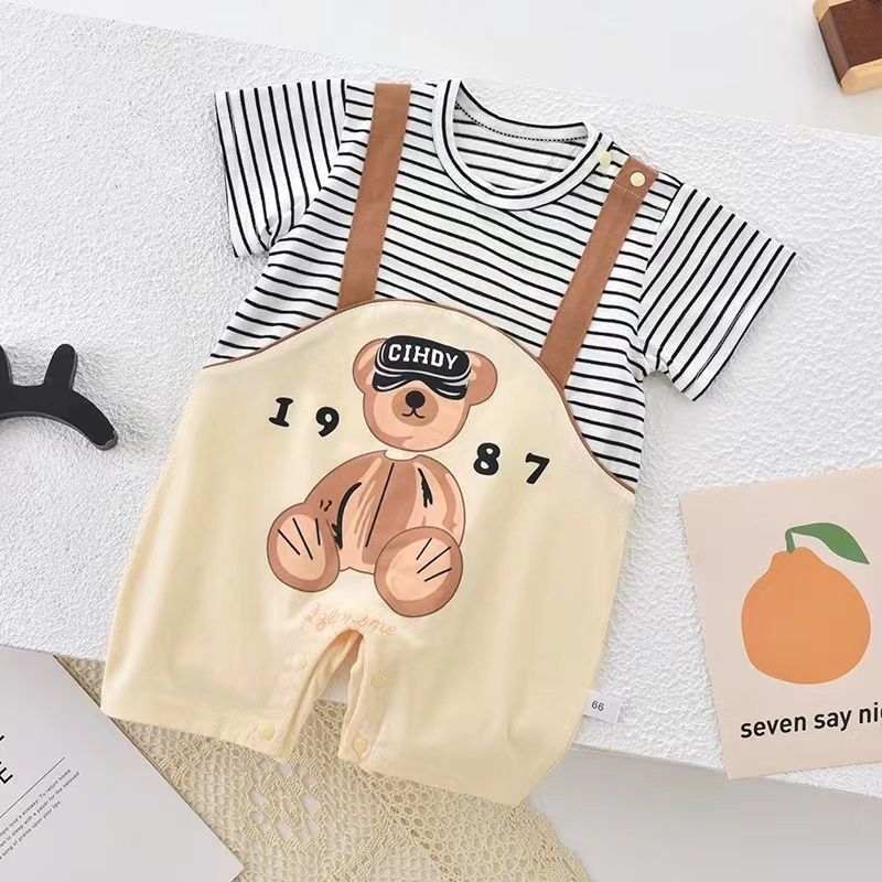 Baby short-sleeve romper with mock straps - lightweight summer outfit for newborn boys and girls