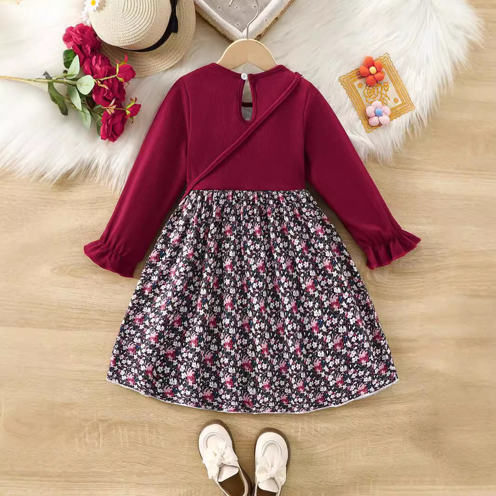 girls' floral knit patchwork dress top princess dress autumn ruffle collar new long sleeve children's wear