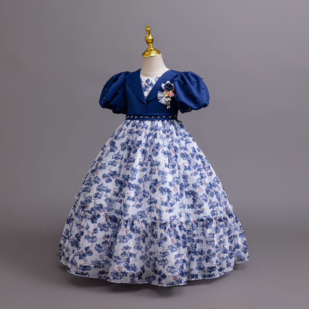 New wholesale children's dress, puff sleeve chiffon floral princess dress, girls' birthday dress, kids dress
