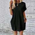 new european and american style solid color loose-fit short sleeve dress - summer casual round neck pocket design women's clothing