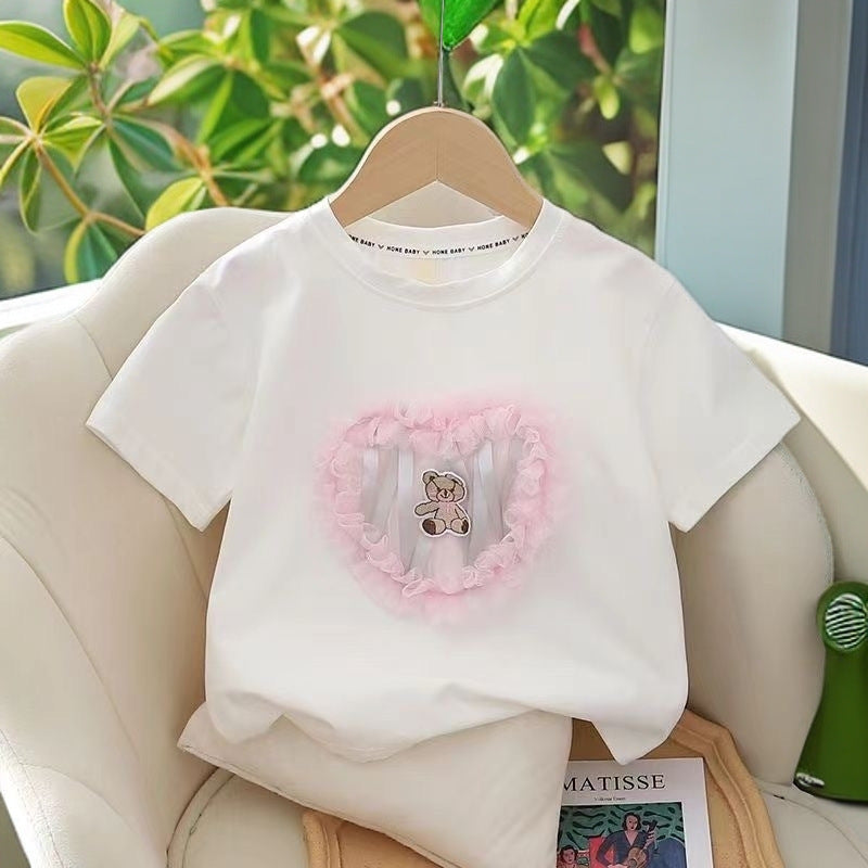 Girls' cartoon crew neck t-shirt -  summer new arrival - cute, lightweight, short-sleeve kids' top - casual children's clothing