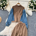 Fashionsuit women's hong kong style casualcontrast colorpatchwork stand collar zipper fake two-piece tops high waist denim wide leg pants