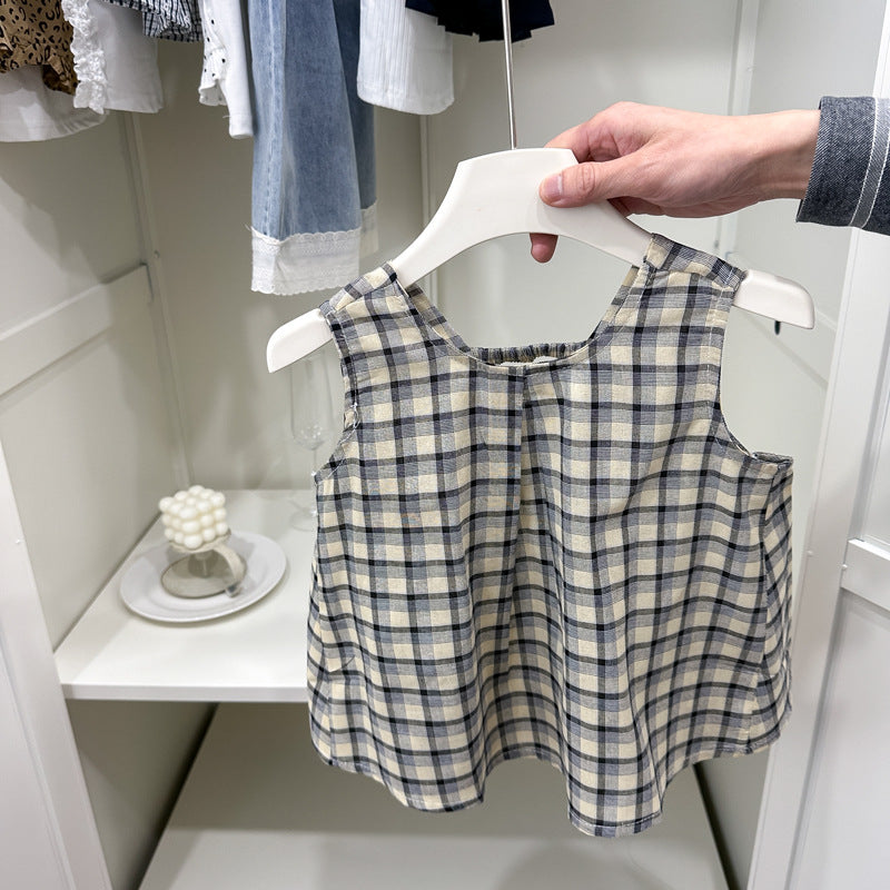 [summer clothing big sale free shipping] girls vest suit  plaid new children's doll summer style tops