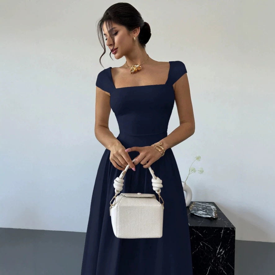 european and american summer new arrival: square neck, waist-defining, elegant maxi dress