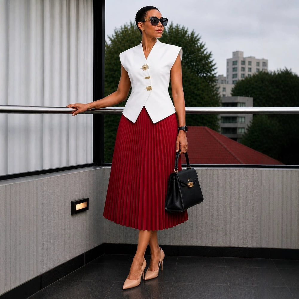 European and american cross-border women's fashion:  summer new arrival - elegant sleeveless vest top and pleated midi skirt set