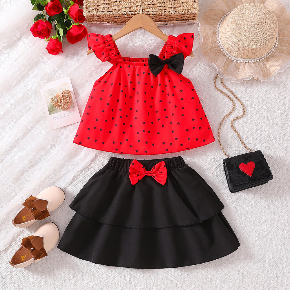 Girls' export dress set: red polka dot flutter sleeve top with bow detail and black midi skirt - two-piece outfit for kids