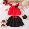 Girls' export dress set: red polka dot flutter sleeve top with bow detail and black midi skirt - two-piece outfit for kids