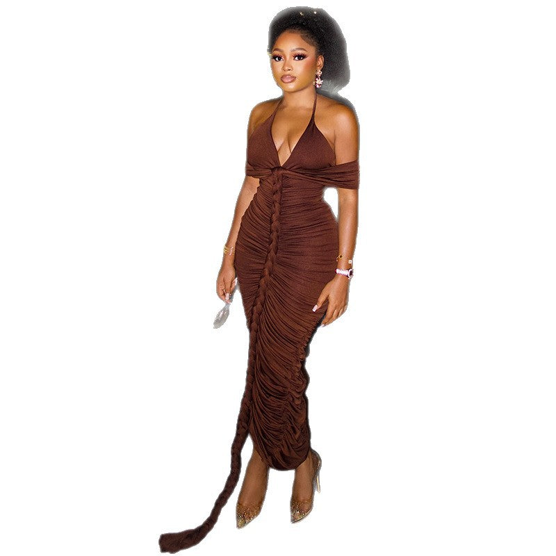 Fashion style insexport design fashion women's one-step pure color hip skirt halterneckv neck wrapped chest longdress