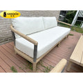Complete custom nordic casual outdoor rattan woven teak sofa set for villa courtyard, outdoor rattan woven table and chair set with solid wood frame