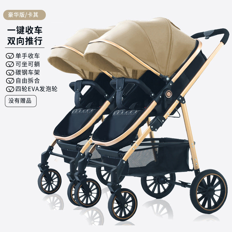 Twin stroller - lightweight, high-view, portable, convertible (sitting/reclining), detachable, double baby stroller, foldable, universal fit