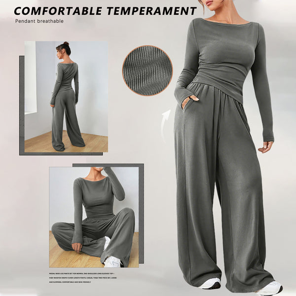 M681 European and American  women's clothing casual one-word collar long-sleeved fashionable lazy and thin wide-leg pants set two-piece set
