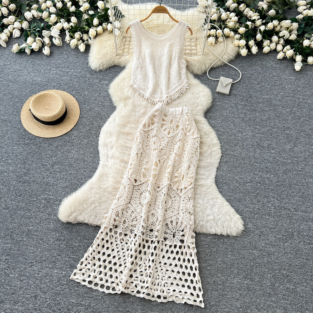 Hollow hook lace vest skirt two-piece set for women summer tassel slimming lookelegantsuit skirt
