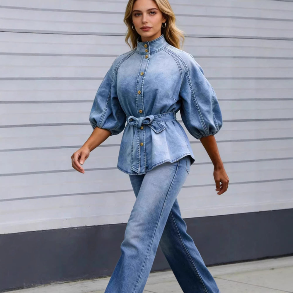 Fashion cross-border  foreign trade strap waist lantern sleeves nine-quarter sleeves easiest for matchretro denim shirt women's tops