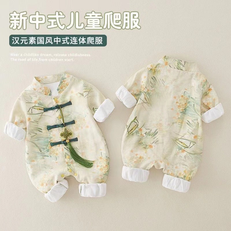 Spring autum baby chinese style double layer long sleeves jumpsuit autumn style male and female baby one-year-old dress 100-day banquet climbing suit