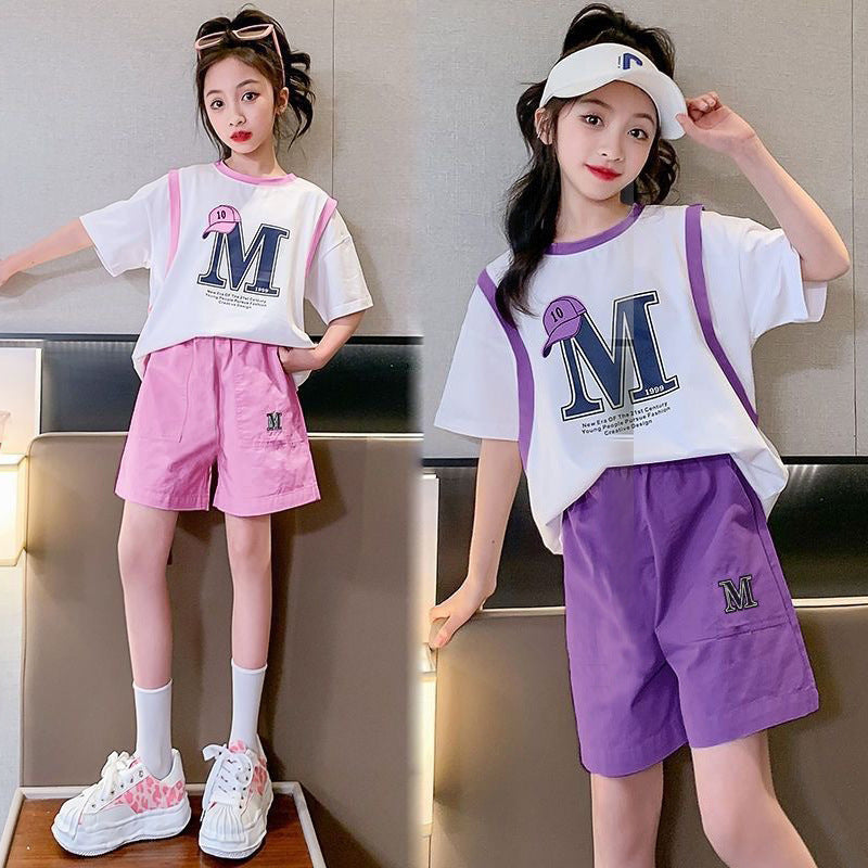 Girls' short-sleeve outfit:  summer new arrival - casual, simple, versatile, trendy, loose-fit, comfortable two-piece set for girls