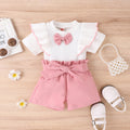 Kids' korean style summer outfit: bowknot short-sleeve ruffle top and belted pants set for girls (pullover style)