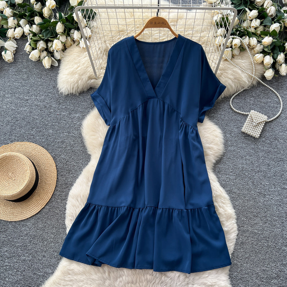 K-stylev neck short-sleeved casualelegantdress women's summercasuallooseslimming look flesh-covering a-line skirt work clothing