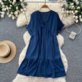 K-stylev neck short-sleeved casualelegantdress women's summercasuallooseslimming look flesh-covering a-line skirt work clothing