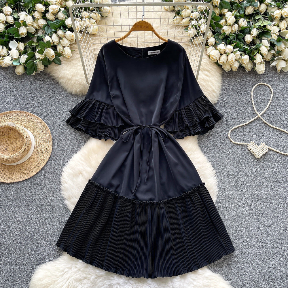 K-style lantern sleeve pleated short-sleeved dress women's spring strap waist pleated a-line skirt slimming lookwork clothing skirt