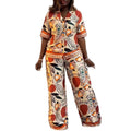 European and american cross-border women's fashion:  autumn new arrival - elegant printed loose-fit short-sleeve shirt and wide-leg pants casual set