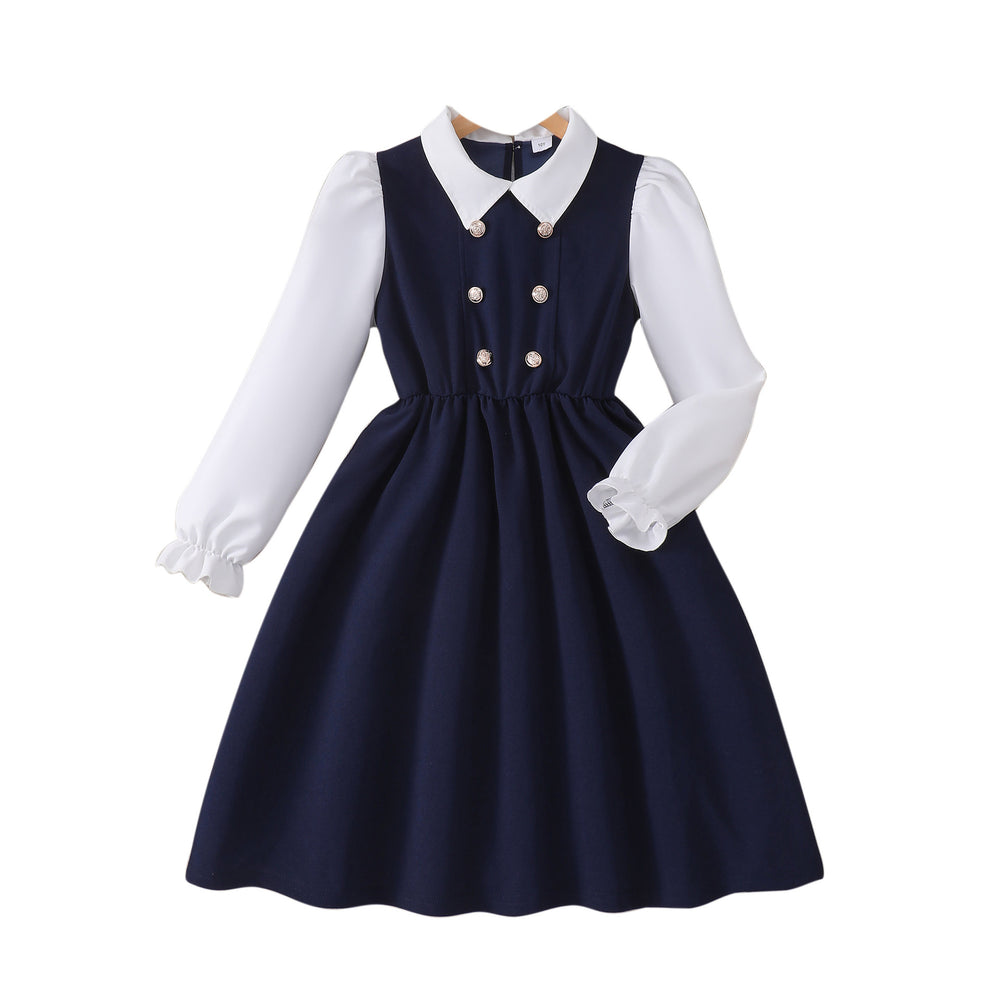 Girls' (mid-to-large size) dress, button-down collar, faux two-piece long sleeve dress