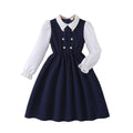 Girls' (mid-to-large size) dress, button-down collar, faux two-piece long sleeve dress