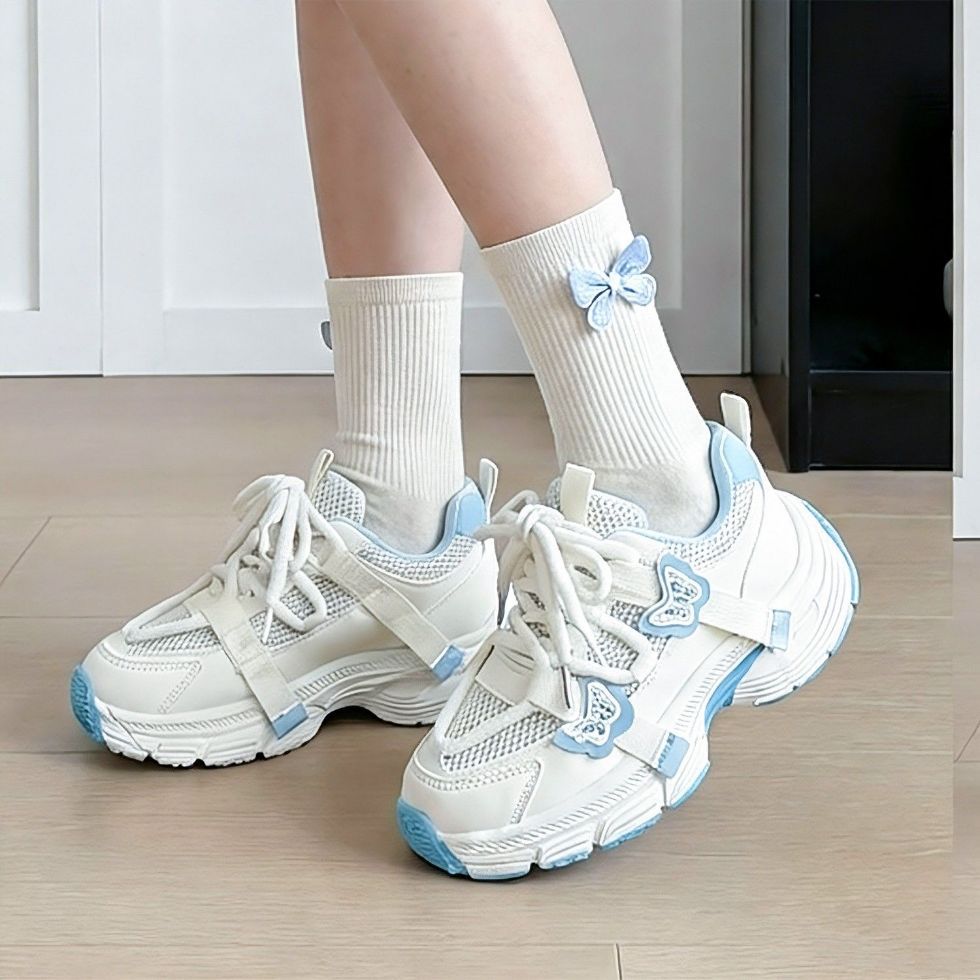 spring new butterfly embellished mesh kids' shoes, thick-soled non-slip children's chunky sneakers, girls' casual athletic shoes