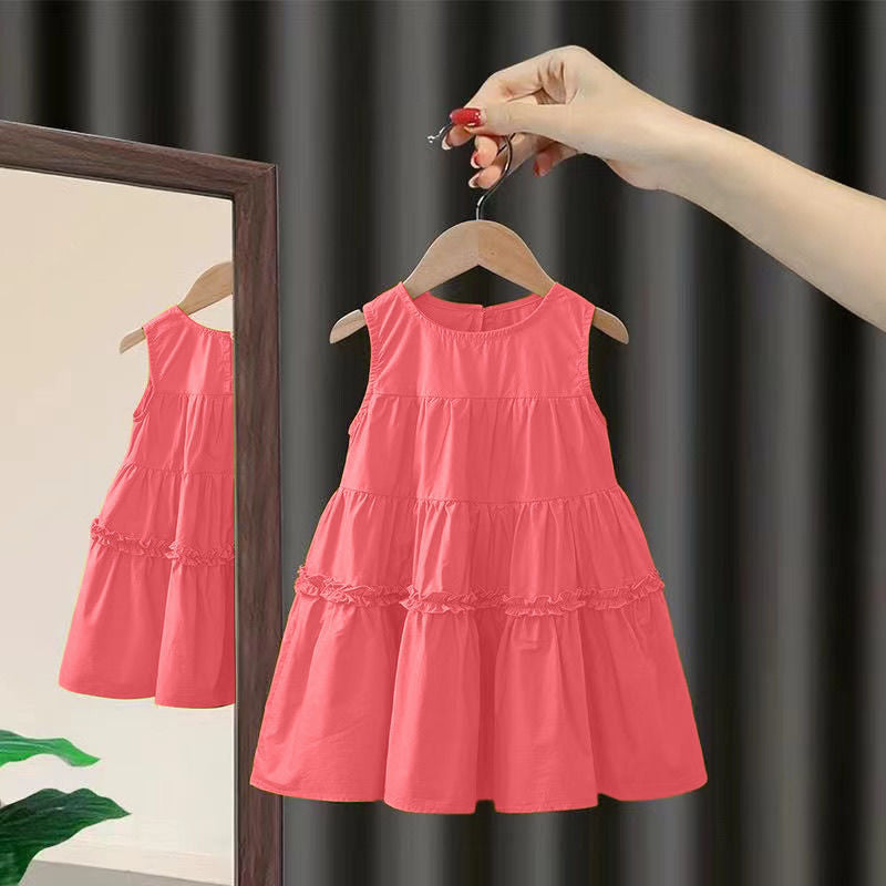 Girls'  summer new sleeveless solid color dress, stylish mid-length cotton princess dress, korean style